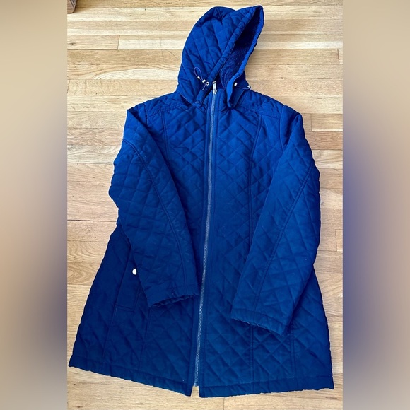 💙Liz Claiborne Navy Quilted Hooded Jacket L —Chic Warm Winter Coat Classic Style - Picture 1 of 6